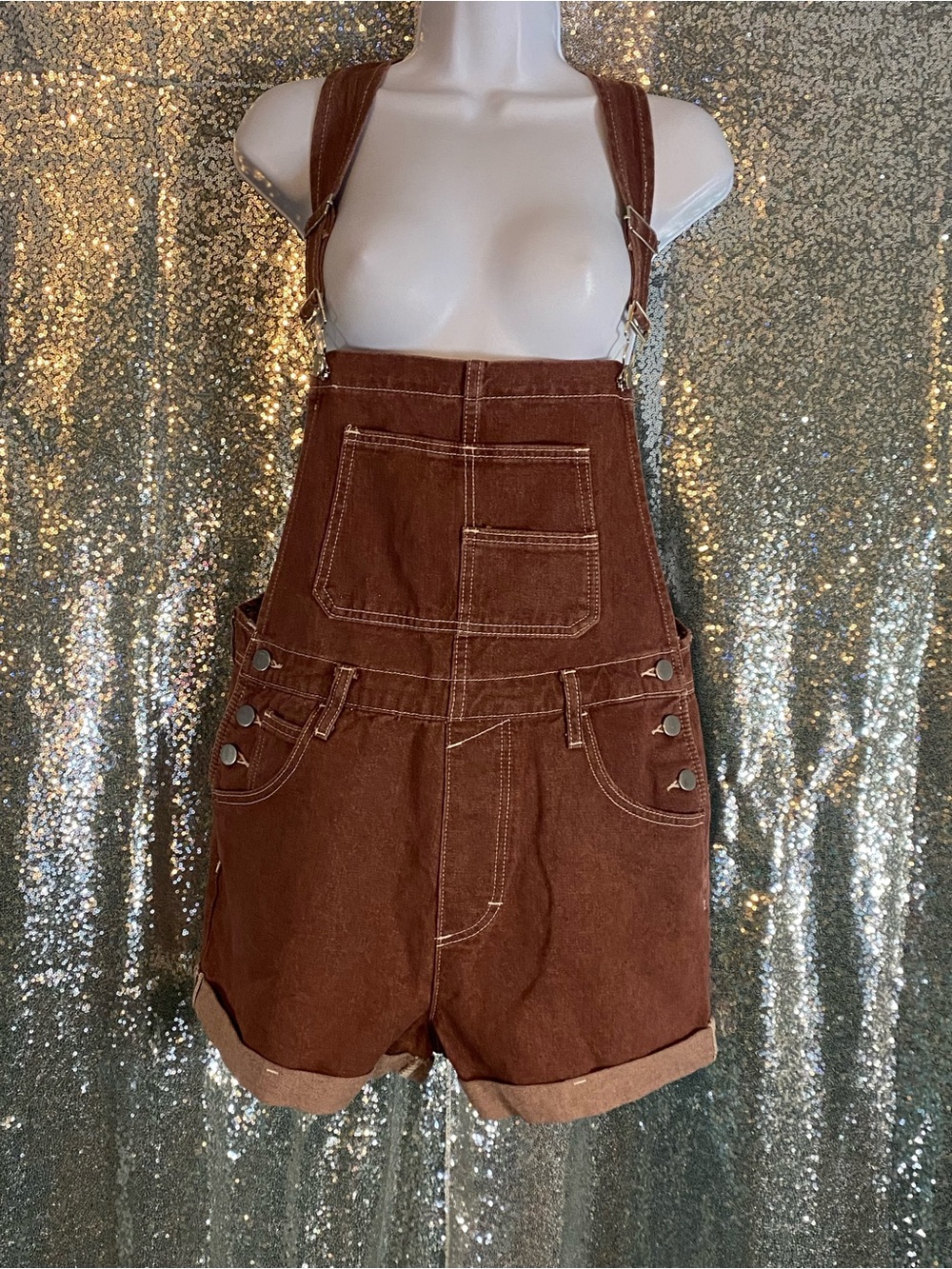 Rust Brown Denim Shortalls with Adjustable Straps